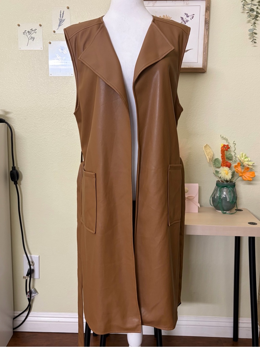 NWOT Marc New York Faux Leather Belted Long Duster Vest Cognac Brown Women’s M